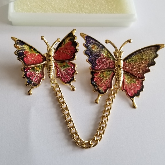 Vintage glitter butterfly brooch set New old stock Gold tone insect bug - Picture 6 of 12